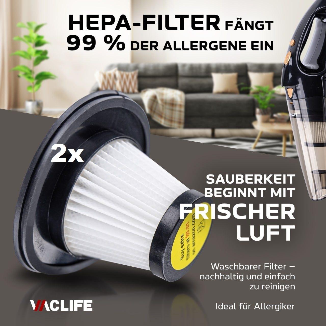 2x HEPA-Filter für VacLife VL189 Handstaubsauger waschbar & wiederverwendbar, gegen Staub & Tierhaare