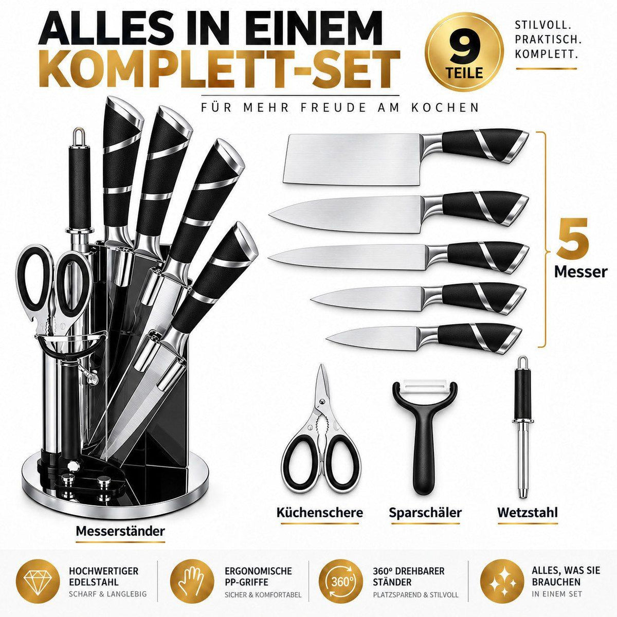 Bonito Küchenmesser-Set - 9-tlg schwarz