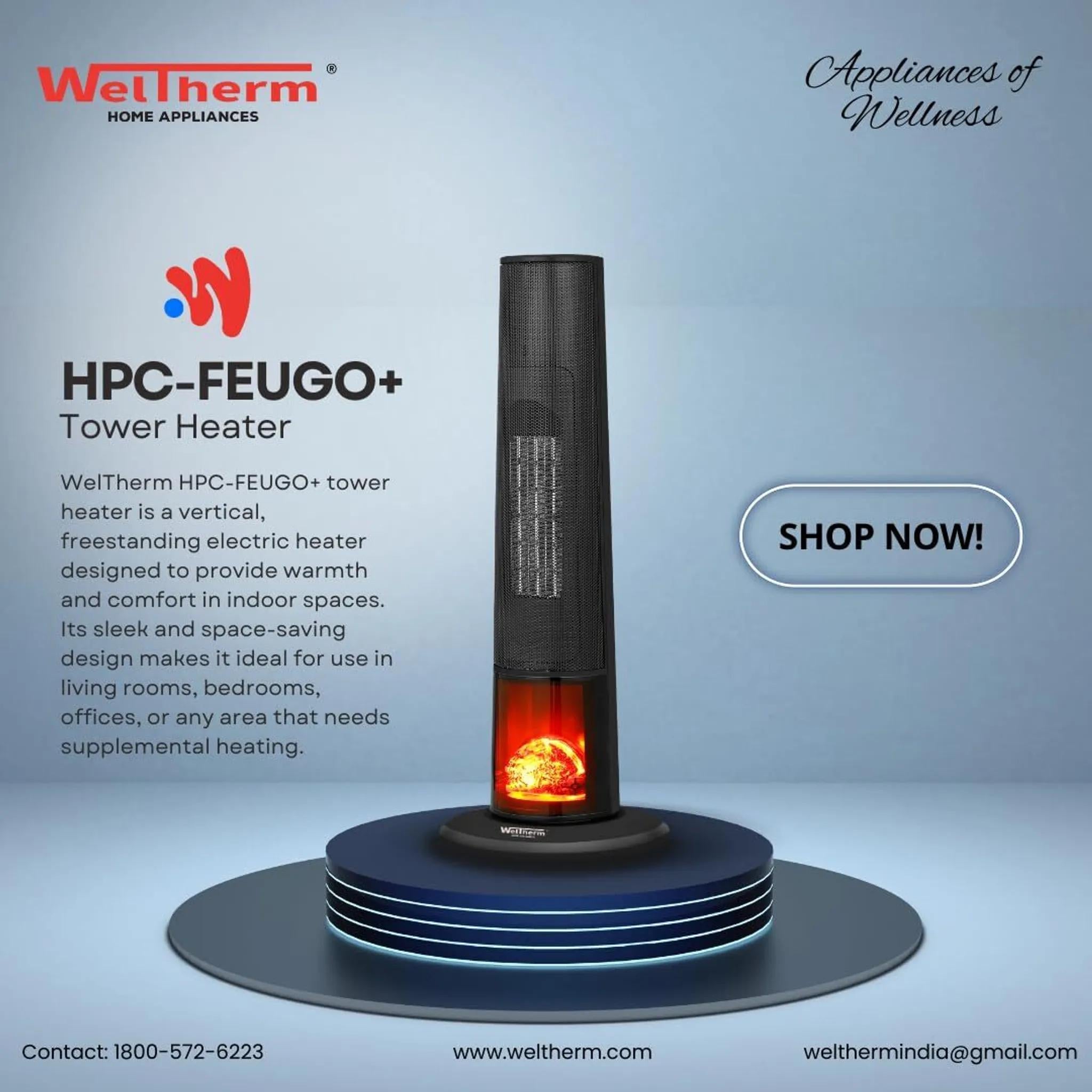 Leistungsstarker Turmheizlüfter HPC-Feugo+, 1000/2000W Raumheizer mit LED-Feuerdisplay für schnelle Wärme und Gemütlichkeit