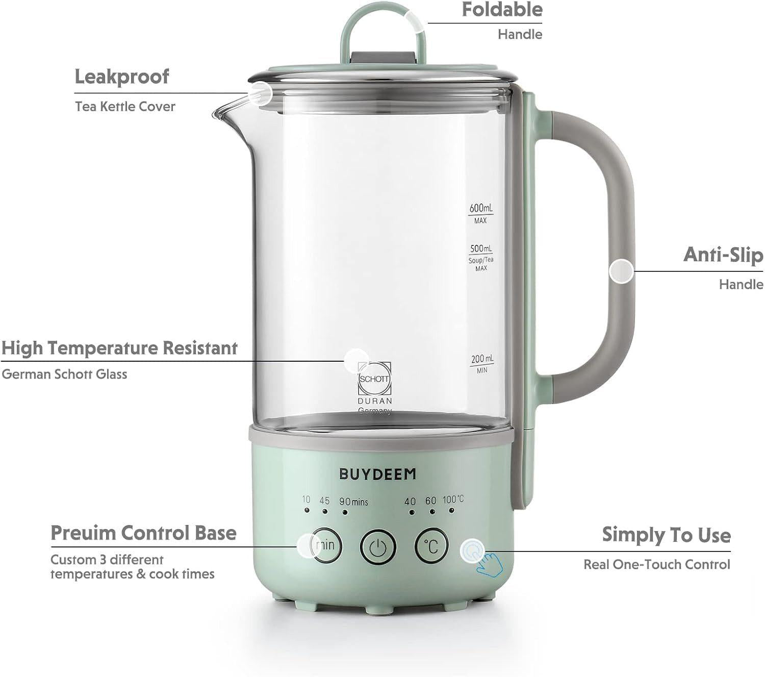 BUYDEEM - Teekocher 0,6L aus Glas & Edelstahl - Grün