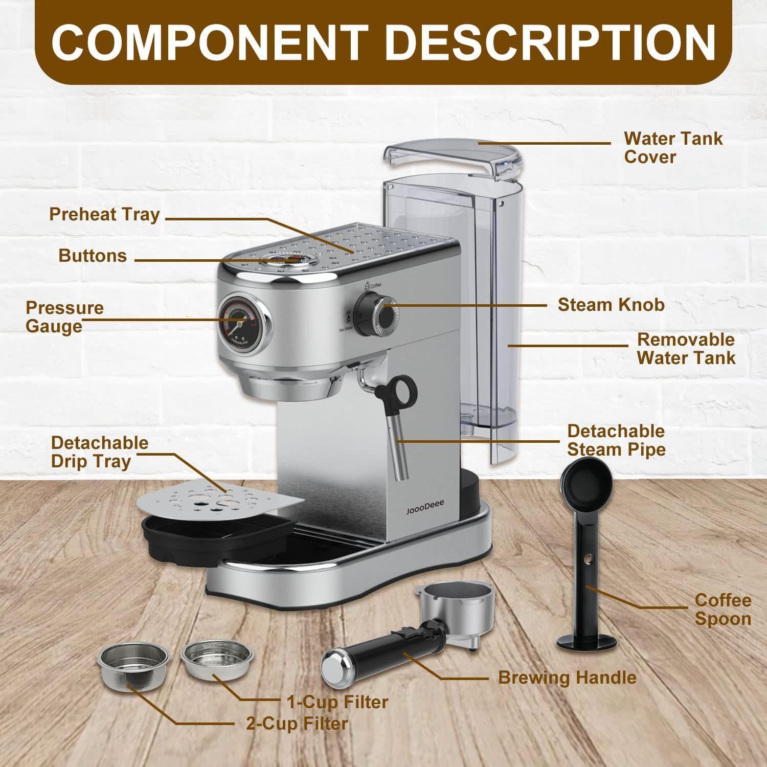 JoooDeee CM1682 - Siebträger-/Filterkaffeemaschine, Doppelauslauf 15 Bar Kaffee- & Espressomachine