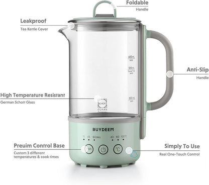 BUYDEEM - Teekocher 0,6L aus Glas & Edelstahl - Grün