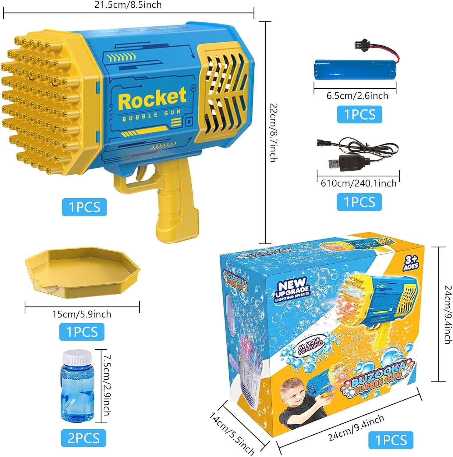 Seifenblasenpistole mit 69 Düsen, Wiederaufladbarem Akku und Zubehör - Blau/Gelb
