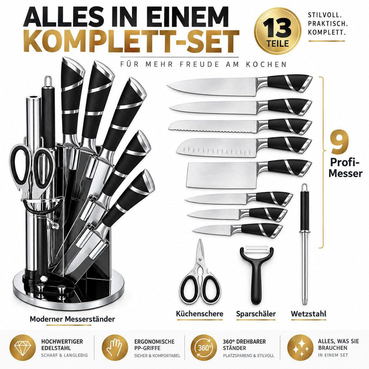 Bonito Küchenmesser-Set - 12-tlg schwarz