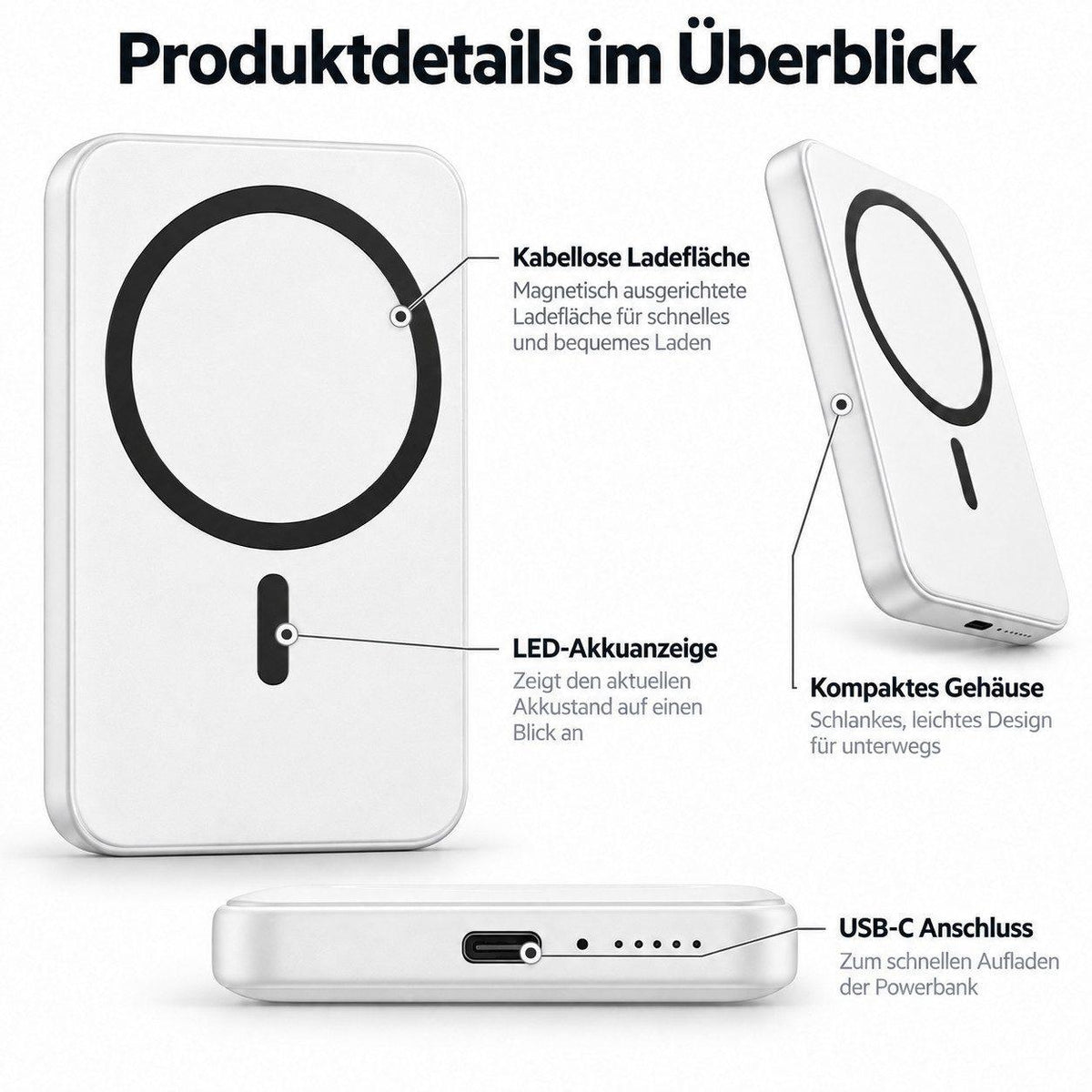 Magnet Powerbank - 5000 mAh - Weiß