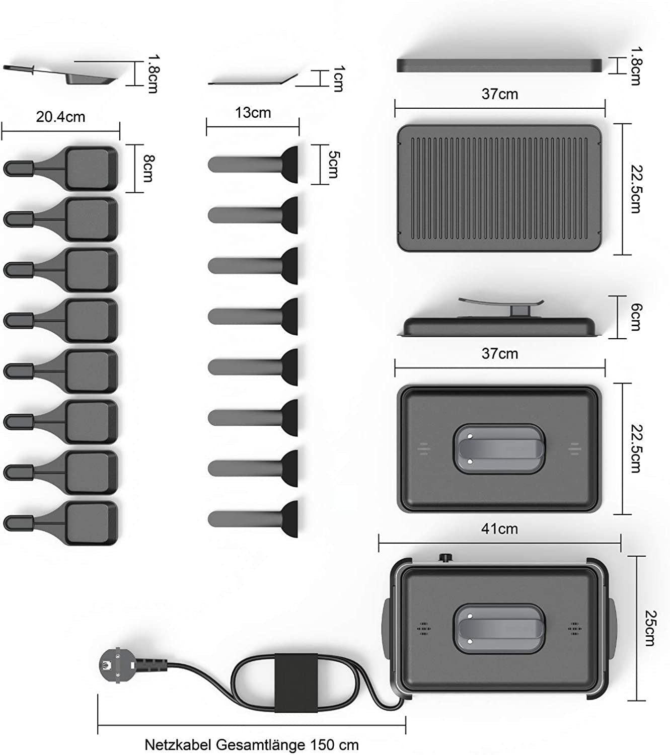 muchen Elektrogrill, 1200,00 W, Deckel antihaft 8 Raclette Pfännchen 8 Spatel Temperaturverstellbar - Mallkum