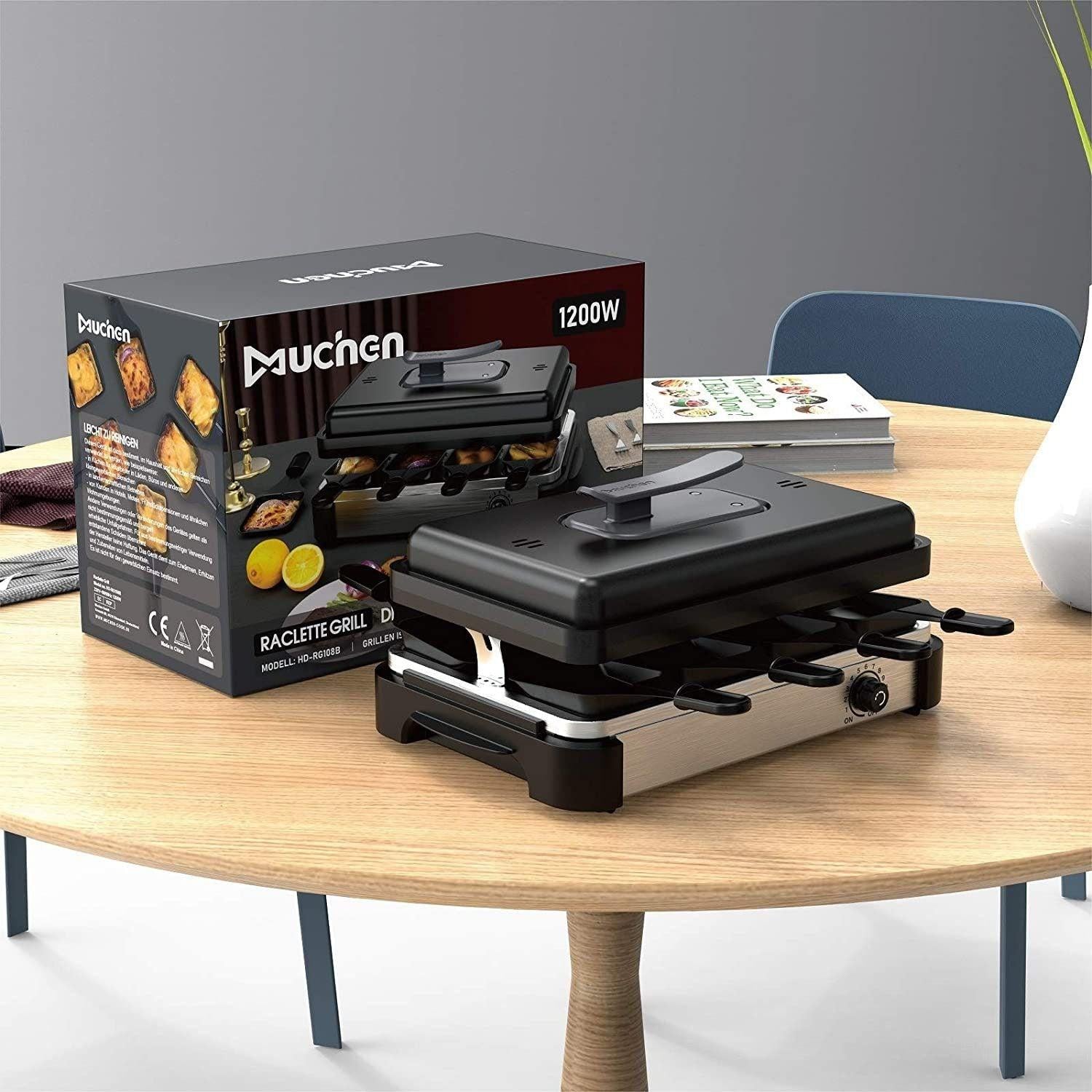 muchen Elektrogrill, 1200,00 W, Deckel antihaft 8 Raclette Pfännchen 8 Spatel Temperaturverstellbar - Mallkum